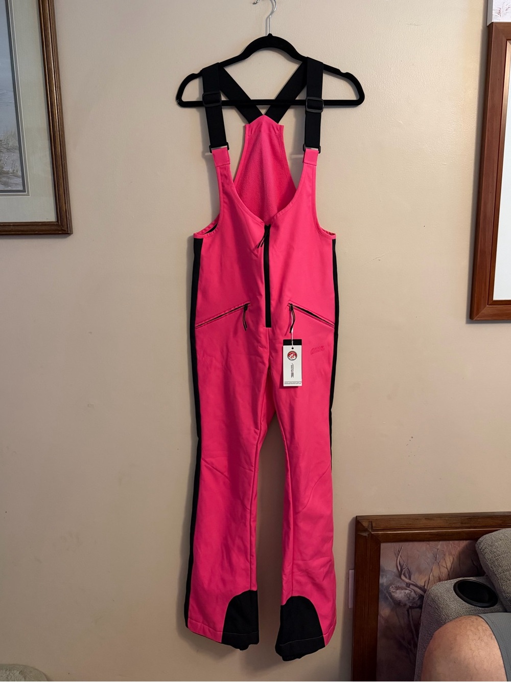 Women's Pink Ski Bib Overalls with Black Trim